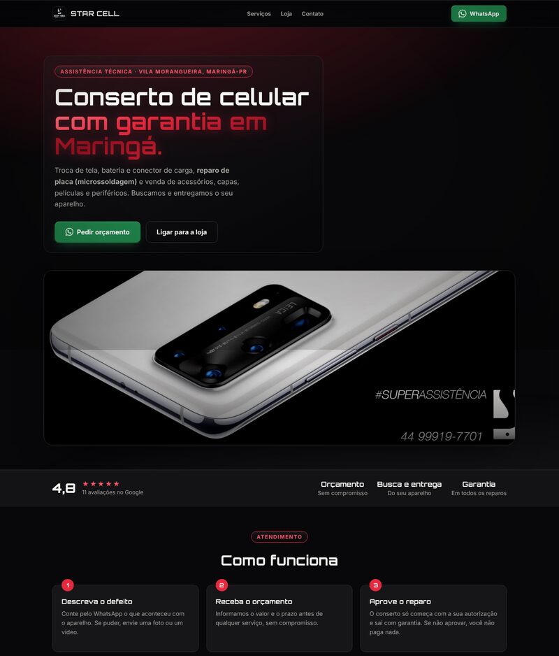 Prévia da landing page da Star Cell — Super Assistência